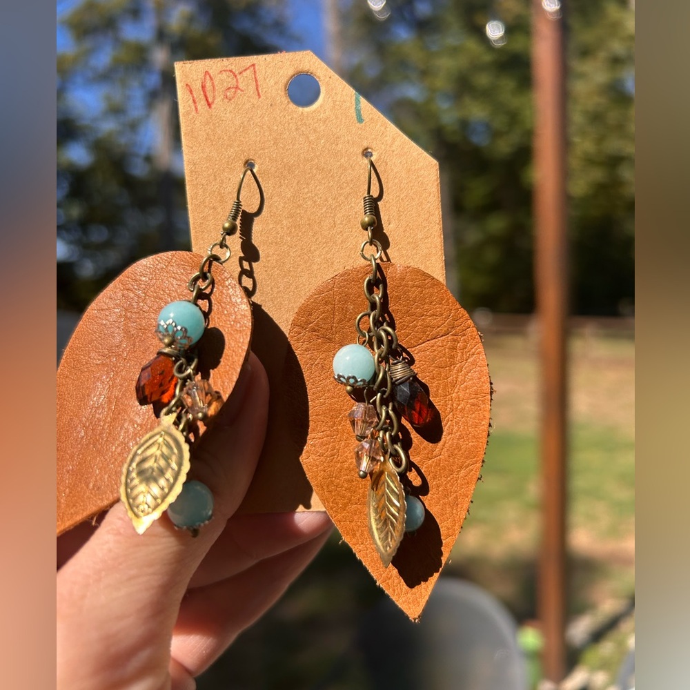 Bohemian Leather Leaf Earrings with Beads